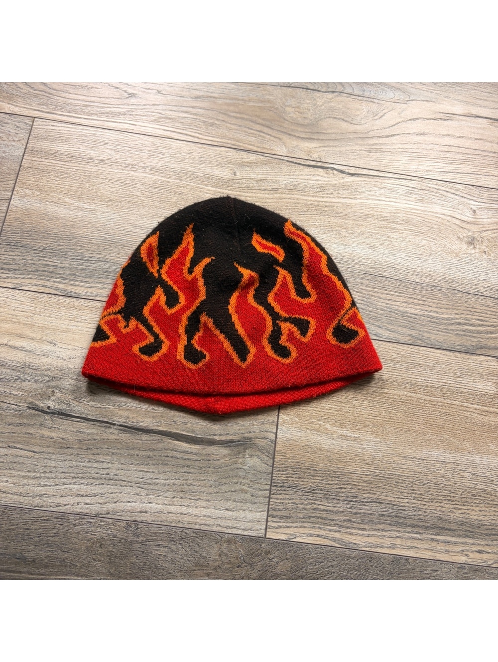 Red and Black Flame Pattern Knit Beanie Hat